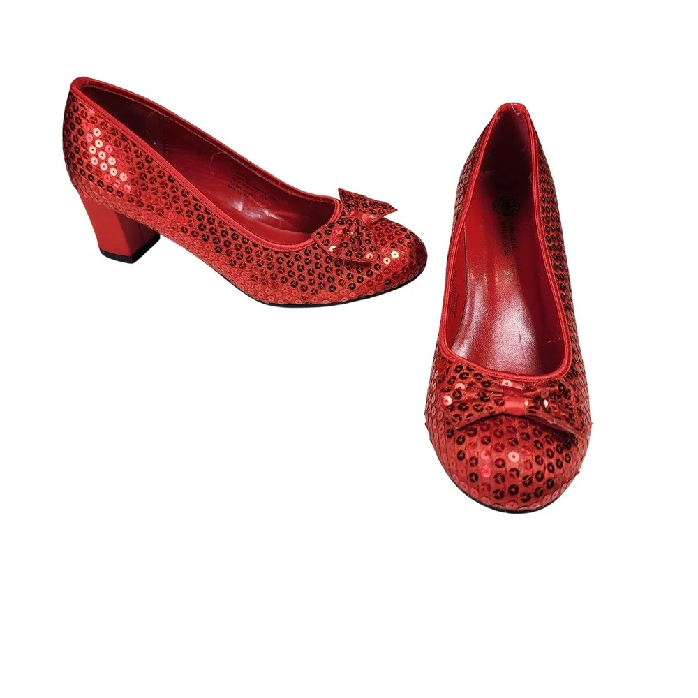 Rubies II Red Sequin Shoes Bow Block Heel Dorothy Wizard of Oz Womens 8 Costume